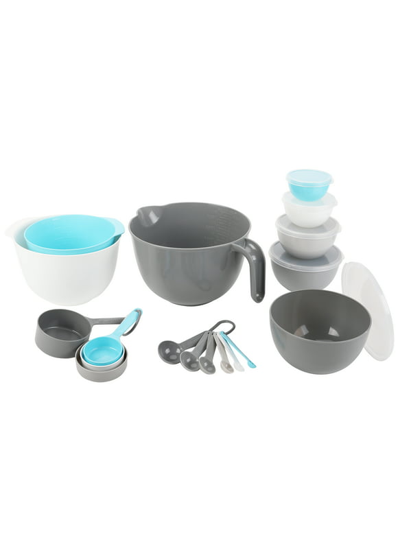 Prepara Mixing Bowl Set, 23 Pieces with Lids, Measuring Cups and Spoons, Gray