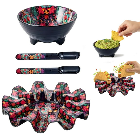 Prepara Taco Kit, Day of the Dead Theme - Festive Carousel with Compartments, Durable Melamine Taco Spoons, Entertaining Party Bowl - Dishwasher Safe, Vibrant Serving Set for Celebration Dinners