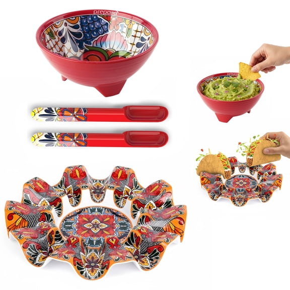 Prepara Taco Kit, Red - Taco Carousel, Spoons, Spacious Party Bowl, Durable Melamine & Dishwasher Safe, Organized Food Serving Set with Multiple Compartments for Fun Festive Nights & Gatherings