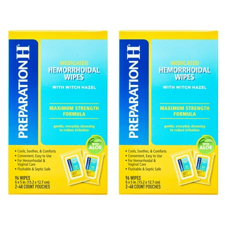 Preparation H Maximum Strength Medicated Hemorrhoid Flushable Wipes, 96 Count, 2 Pack - 192 Wipes Total