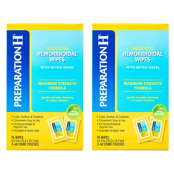 Preparation H Maximum Strength Medicated Hemorrhoid Flushable Wipes, 96 Count, 2 Pack - 192 Wipes Total
