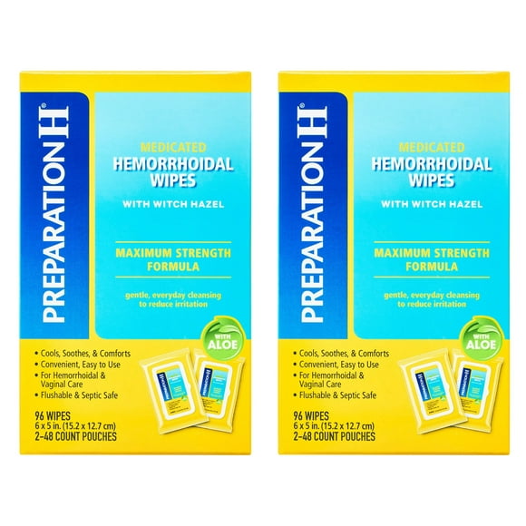 Preparation H Maximum Strength Medicated Hemorrhoid Flushable Wipes, 96 Count, 2 Pack - 192 Wipes Total