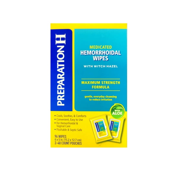 Preparation H Medicated Hemorrhoidal Wipes with Witch Hazel and Aloe, Maximum Strength Formula, 96 Wipes (Twin Pack, 48 Count Each), Flushable and Septic Safe