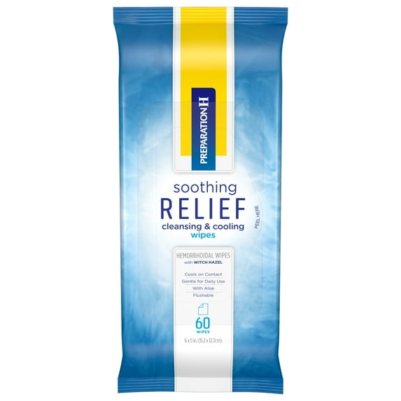 Preparation H Soothing Relief Cleansing and Cooling Wipes, 60-Count Pack, Flushable Wipes with Witch Hazel for Butt Itch and Aloe