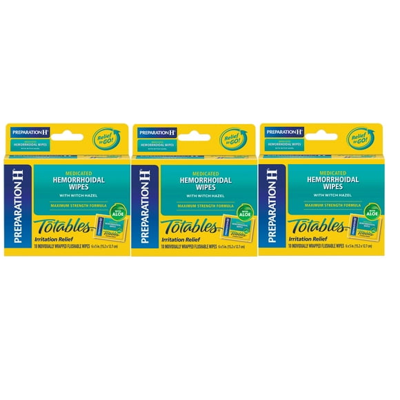Preparation H Witch Hazel Hemorrhoid Relief Flushable Medicated Wipes, 10 Count ea. (Pack of 3)