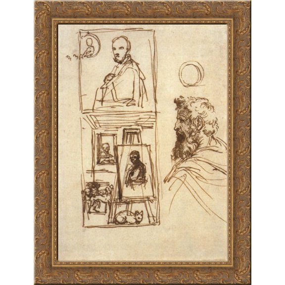 Preparatory drawing for Self-portrait on an Easel in a Workshop 24x18 Gold Ornate Wood Framed Canvas Art by Annibale Carracci