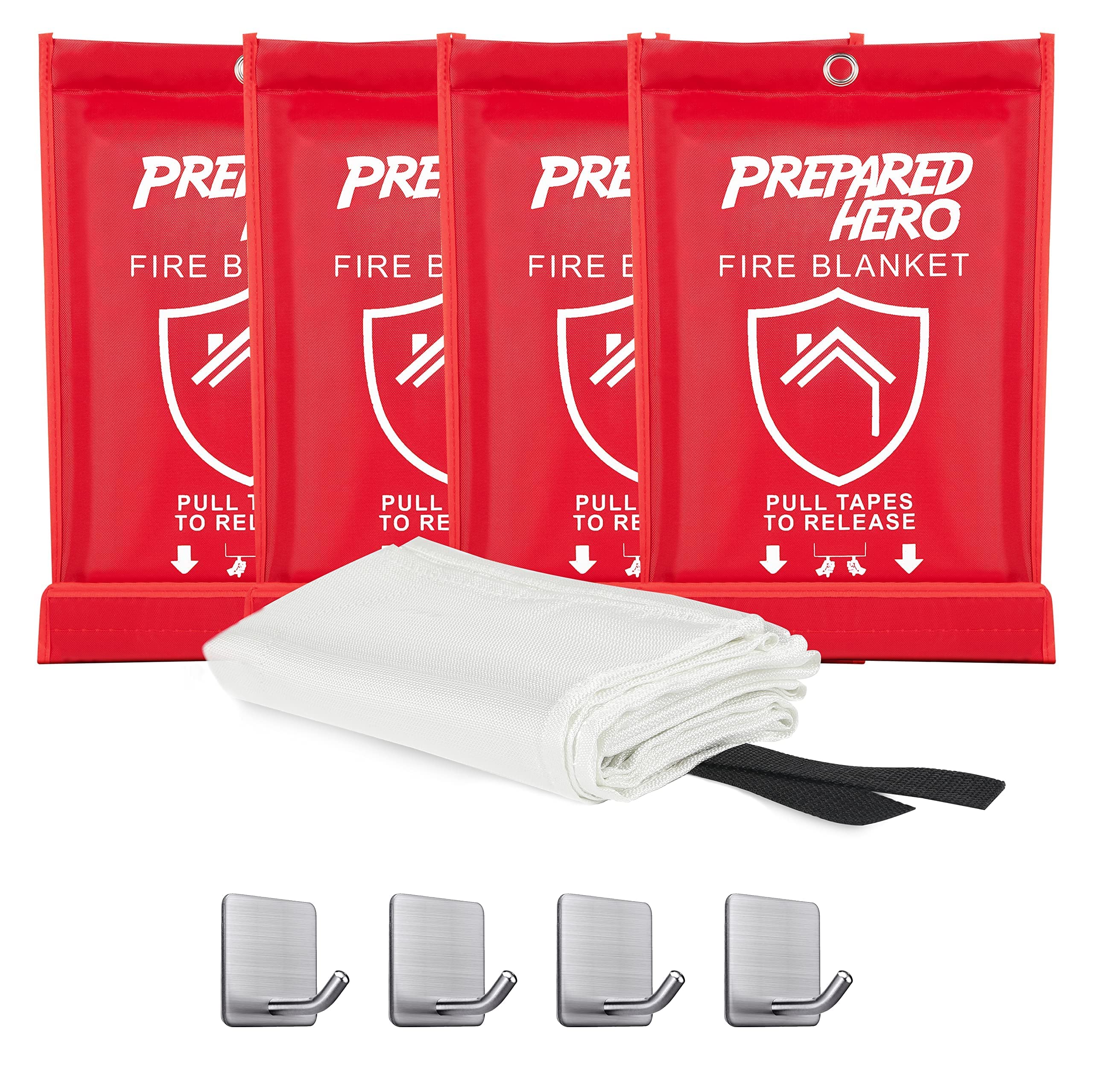 Prepared Hero Emergency Fire Blanket 4 Pack + 4 Hooks Fire