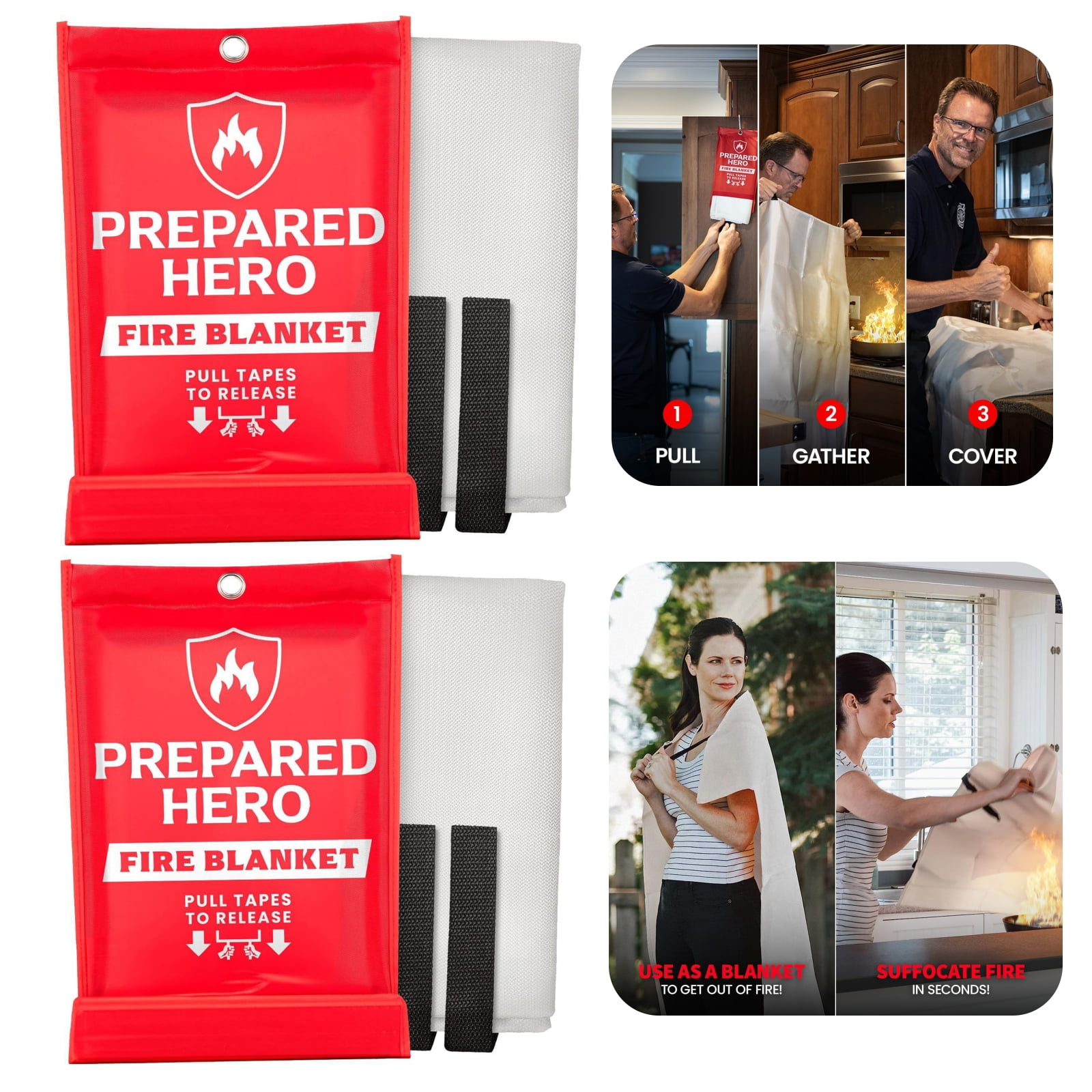 Prepared Hero Fire Blanket 8 Pack , 40" x 40" Fiberglass Fire Blanket