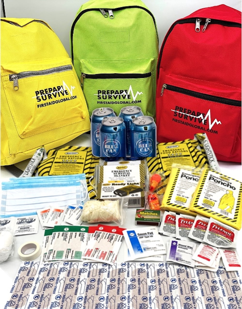 Preparedness Go-Bag with 52-Pieces for 2-Persons, Blue Can Water with  50-year shelf life, 72-Hour Essentials, Under $40, Lime Green 