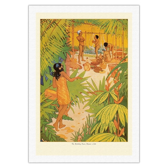 Preparing a Feast - Book Plate From Kimo A Story of Hawaii - Vintage Illustration by Lucille Webster Holling c.1928 - Fine Art Rolled Canvas Print 27in x 40in
