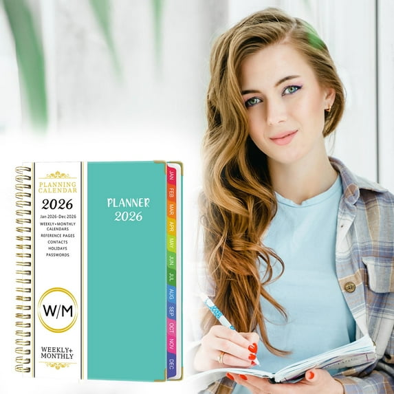 Preplabs 2026 English Planner Notebook Lake Blue, Weekly Monthly Spread Date Schedule, Pocket Date Book for Scheduling, Floral Design Organizer