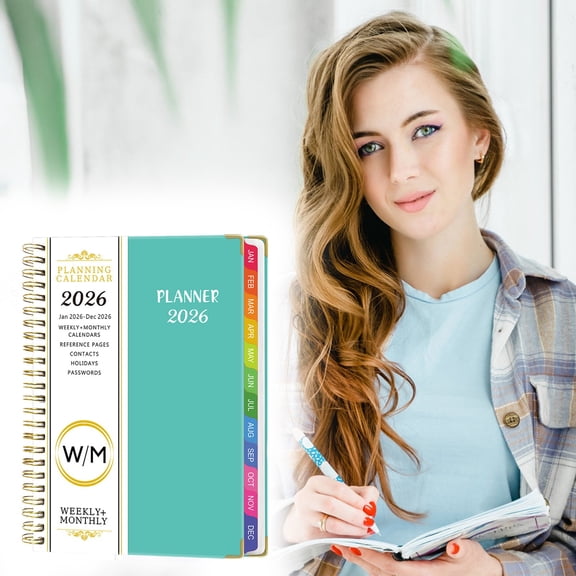 Preplabs 2026 English Planner Notebook Lake Blue, Weekly Monthly Spread Date Schedule, Pocket Date Book for Scheduling, Floral Design Organizer