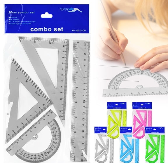 Preplabs 4 Piece 8" Triangular Ruler Set Plastic Geometry Drafting Kit, Metric Inch Measuring Tool with Straight Ruler, Triangles & Protractor for School, Office, Engineering & Home Use