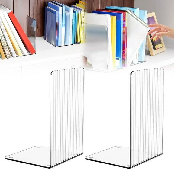Preplabs Acrylic Bookends with Non-Slip Mats and Line Design, Transparent Book Holders for Shelves and Desks, Sustainable and Durable for Library and Home Organization with Heavy Duty Support