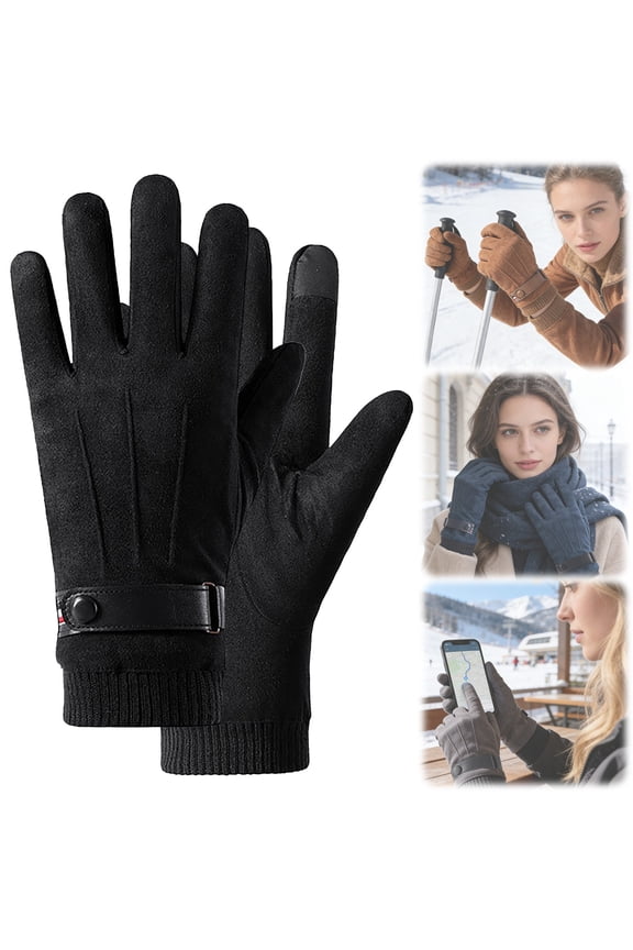 Suede Fleece Lined Warm Touchscreen Gloves One Size Black, Women'S Winter, Windproof Fleece Lining, Cold-Weather Driving and Outdoor Activity Gloves