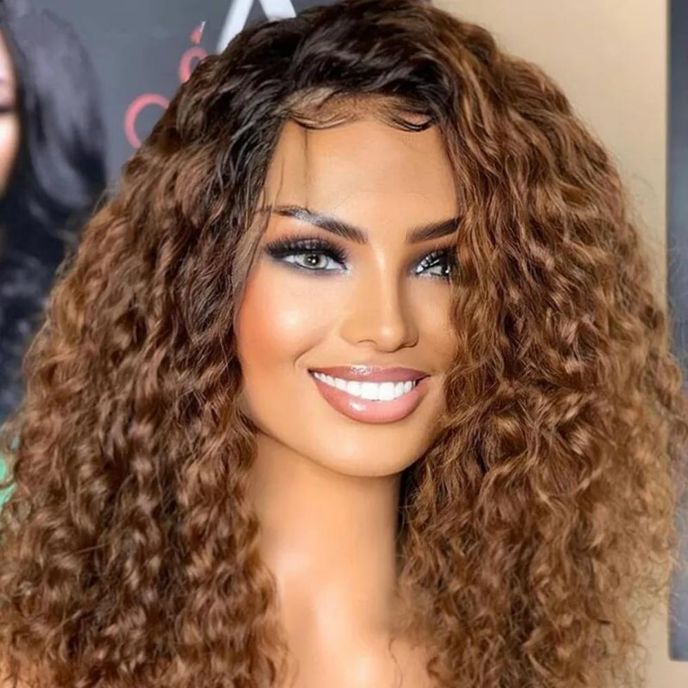 Preplucked Baby Hair & Heat Resistant 26Inch Soft Ombre Brown Kinky Curly 180% Density Synthetic Hair Lace Front Wig Glueless Daily Wig for Women