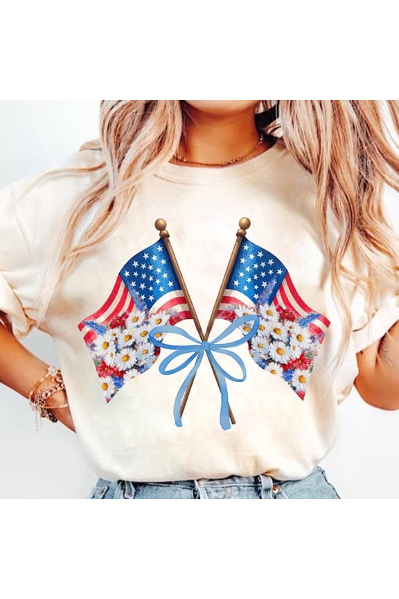 Preppy American Flag Boho Floral Bow T-Shirt, 4th of July Shirt, Memorial Day Shirt, Floral America Shirt, Patriotic Shirt, Girly USA Shirt