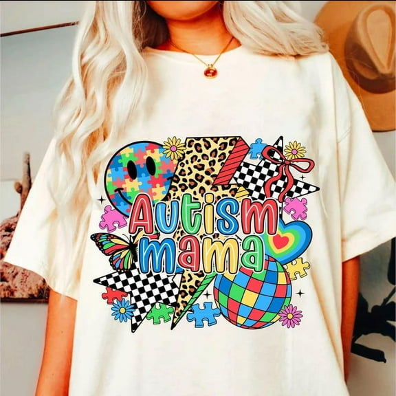 Preppy Autism Mama T-Shirt, Checkered Autism Awareness Tee, Dalmatian Dots Smiley Face Shirt, Retro Autism Mom Gift T-Shirt