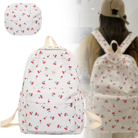 Preppy Backpack Kawaii Cherry Backpack Cottagecore Aesthetic Backpack Cute Cherry Book Bags Waterproof Casual Daypack (White)