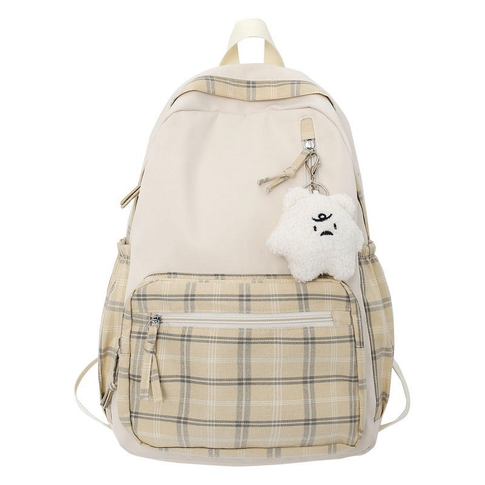 Preppy Backpack with Plushies Cute Backpack for Teen Girls Light Academia  Bookbags Solid Aesthetic School Bag (Beige) 
