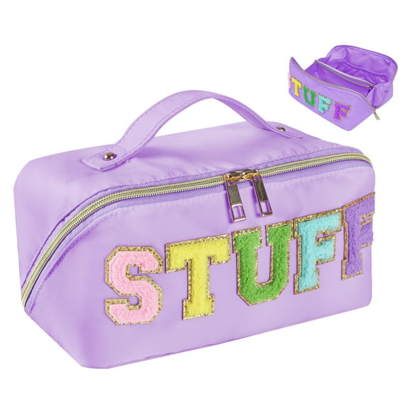 Preppy Bag Stoney Clover Makeup Bag Nylon Travel Cosmetic Bag Preppy Stuff Toiletry Bag Makeup Pouch Chenille Letter Makeup Bag Valentine's Day Birthday Gifts for Women Girls (Purple)
