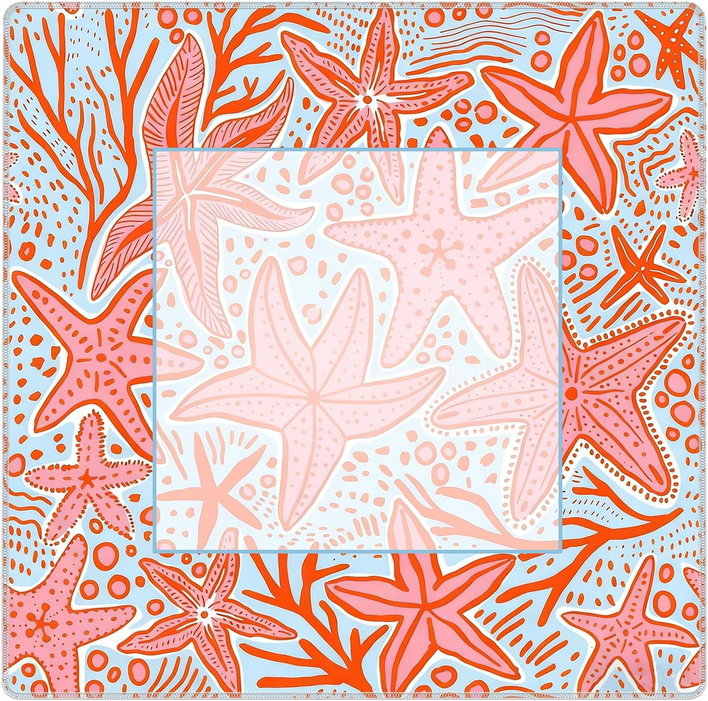 Preppy Beach Starfish Mahjong Mat for Table 31.5x31.5 in, Pink and Light Blue Coastal Mahjong Table Mat Cover Anti Slip Noise Reduction for Mah Jong Card Board Tile Games