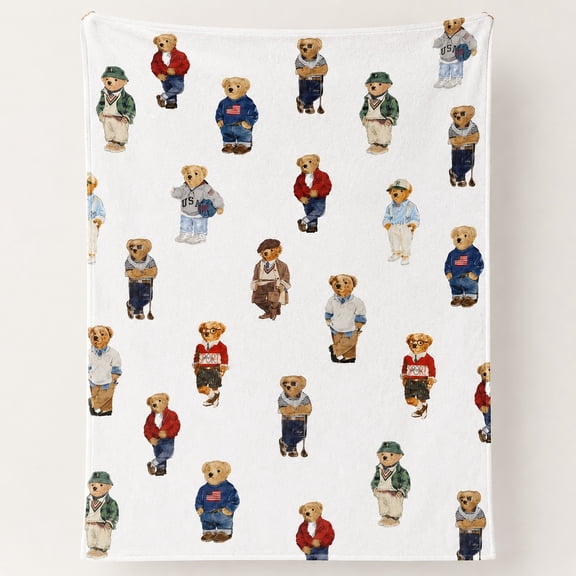 Preppy Bear Pattern Fleece Throw Blanket, Soft Polyester Plush