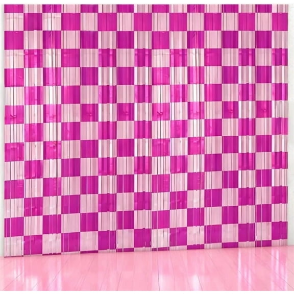 Preppy Birthday Party Streamers Backdrops Decorations, NOGIS 3 Pcs Pink Checkered Foil Fringe Curtain Photo Booth Props for Girls Race Car Smiley Face Baby Shower Party Decor Supplies