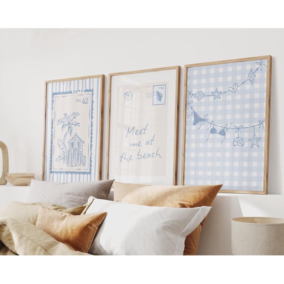 Preppy Blue Coastal Wall Art Prints, Set Of 3 Beachy Dorm Room Decor