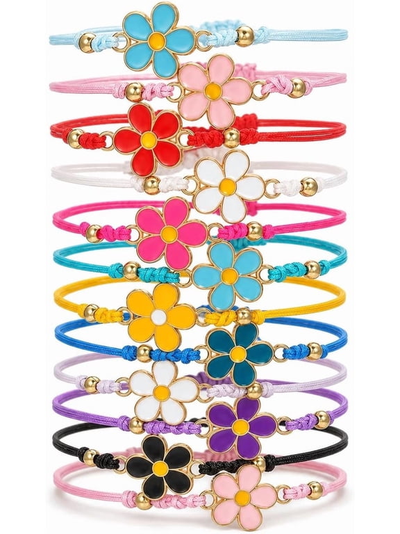 Preppy Boho Friendship Bracelets Set, 12-Piece Cute Flower Charm Bracelets for Girls Women, Adjustable Handmade String Jewelry for Summer Beach Party Favors