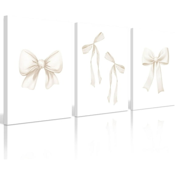 Preppy Bow Wall Art Decor Set of 3 Beige Coquette Wall Art Aesthetic Canvas Posters Trendy Girly Wall Decor Beige Bow Prints Preppy Pictures for Living Room College Apartment 12x16 Inch Und