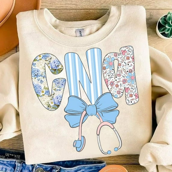 Preppy CNA Nurse Floral Coquette Sweatshirt, Cna Nurse Blue Floral Sweatshirt, Everyday Sweatshirt, Stethoscope Bow, Preppy Nurse Sweatshirt.