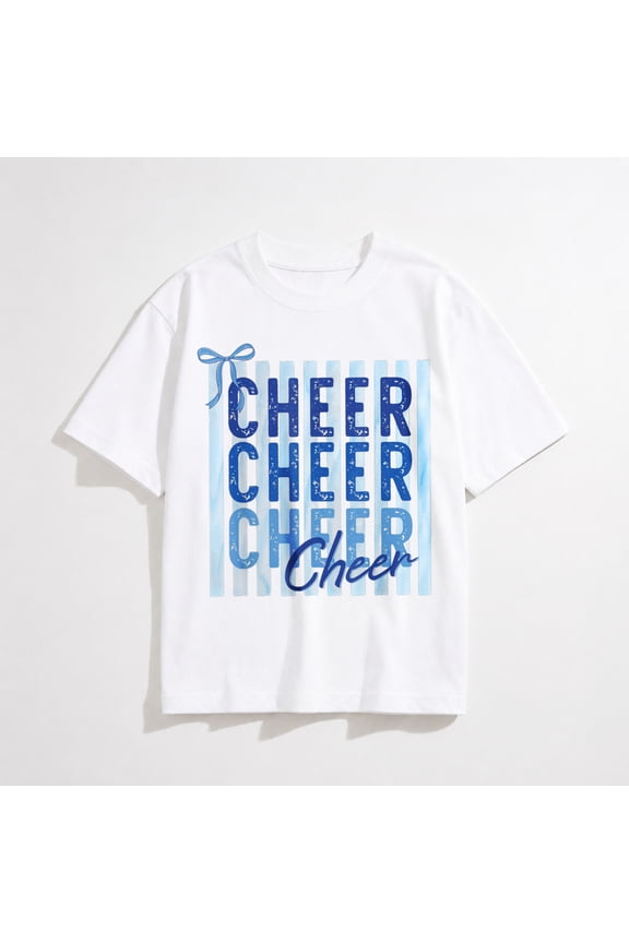 Preppy Cheer Blue Cheerleader Team Squad Kids Girl Bow T-Shirt