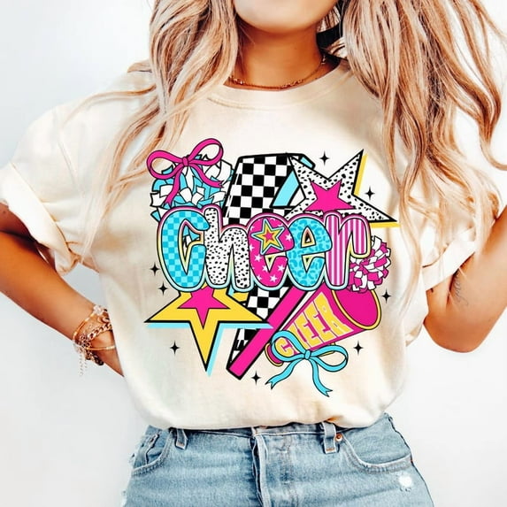 Preppy Cheer Mom Shirt, Checker Bow Pom Pom Cheer Season Team Spirit Tee Comfort Colors Unisex Cotton T-Shirt, Size S-3XL