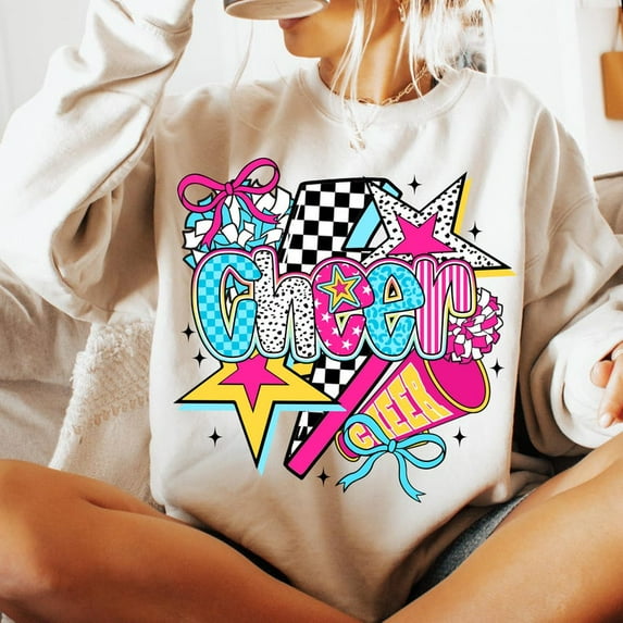 Preppy Cheer Mom Sweatshirt, Colorful Bow and Pom Pom Shirt, Coquette Cheerleader Spirit Outfit, Cute Game Day Look for Cheer Season