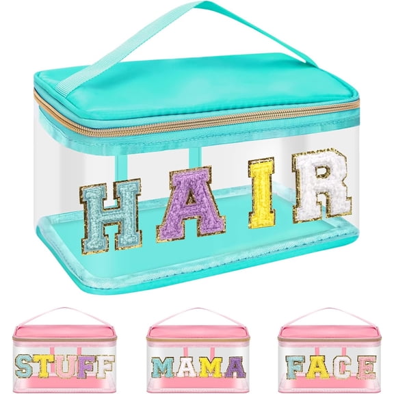 Preppy Clear Makeup Bag Hair Pouch, Chenille Letter Bag for Women Girls, Nylon PVC Toiletry Storage Handbag, Travel Transparent Zipper Pouch with Handle(Hair, Green)