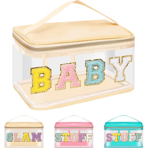 Preppy Clear Makeup Bag Pouch, Chenille Letter Bag for Women Girls, Nylon PVC Toiletry Storage Handbag, Travel Transparent Zipper Pouch with Handle(, Beige)