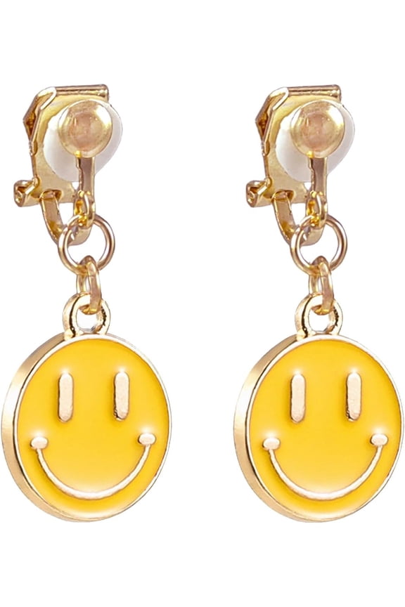 Preppy Clip On Earrings for Women Non Piercing Smile Face Pendant Pink White Gold Small Dangle Drop Earrings Trendy Y2K Jewelry Gifts[f1436]