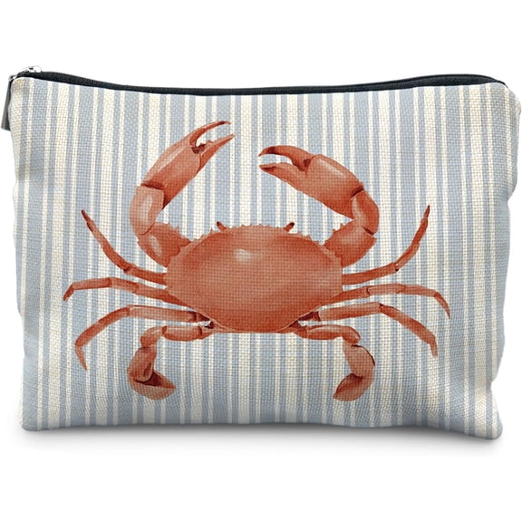 Preppy Coastal Beach Crab Makeup Bag,Beachy Blue Striped Crab  Bags for Women, Themed Gifts Makeup Pouch, Gifts for Beach  Lovers Zipper Pouch