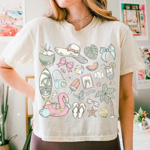 Preppy Coastal Summer T-Shirt, Seashell and Beach Tee, Vintage Summer Coquette Shirt, Girls Trip Vibes Tee