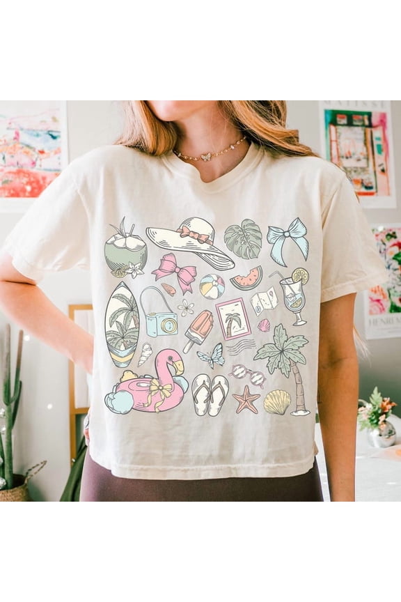 Summer T-Shirt, Seashell and Beach Tee, Vintage Summer Coquette Shirt, Girls Trip Vibes Tee
