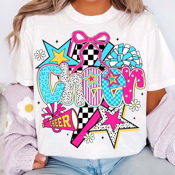 Preppy Coquette Cheer Shirt, Cheerleader Shirt, Cheer Momshirt, Cheer Season Shirt, Colorful Checker Bow Pom Pom Shirt, Team Spirit Shirt