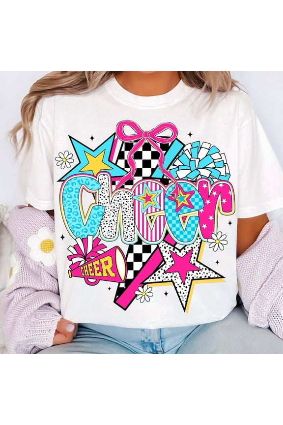 Preppy Coquette Cheer Shirt, Cheerleader Shirt, Cheer Momshirt, Cheer Season Shirt, Colorful Checker Bow Pom Pom Shirt, Team Spirit Shirt
