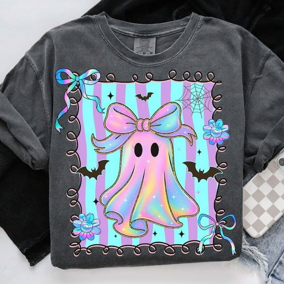 Preppy Coquette Iridescent Ghost Shirt, Cute Boo Halloween Tee, Girly Ghost Pumpkin Shirt, Trendy Halloween Shirt