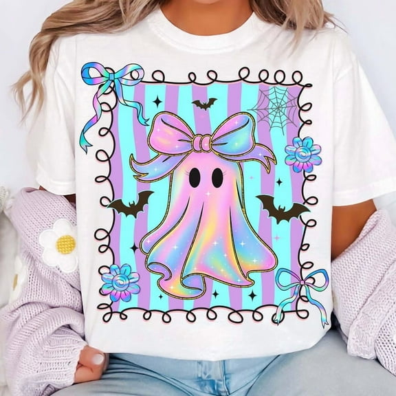 Preppy Coquette Iridescent Ghost T-Shirt, Halloween Shirt T-Shirt, Girly Halloween T-Shirt, Ghost Pumpkin T-Shirt, Cute Ghost T-Shirt, Boo Halloween Shirt