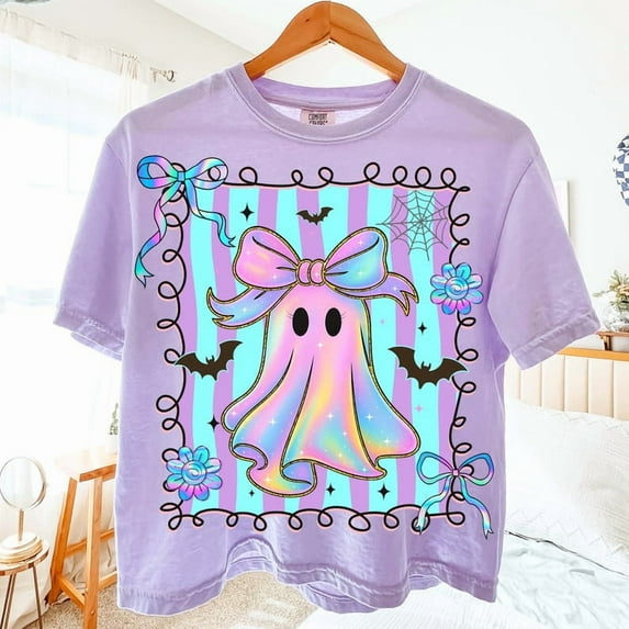 Preppy Coquette Iridescent Ghost T-Shirt, Halloween Shirt T-Shirt, Girly Halloween T-Shirt, Ghost Pumpkin T-Shirt, Cute Ghost T-Shirt, Boo Halloween Shirt