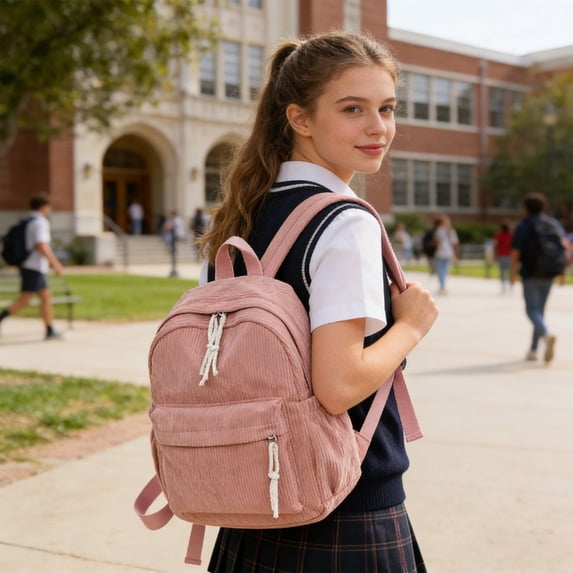 Preppy Corduroy School Backpack for Students, Lightweight Large Capacity Laptop Bookbag with Multiple Pockets for Back to School and Travel