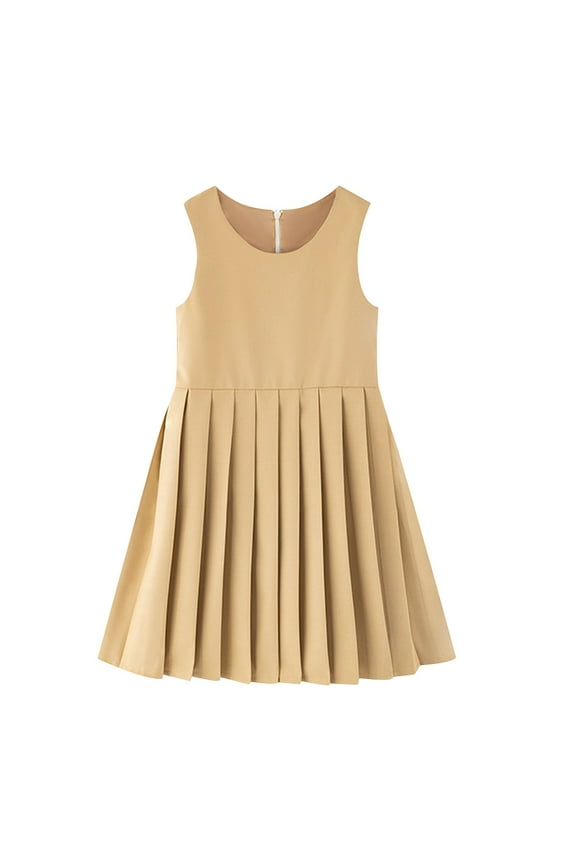 Preppy Dresses for Girls Back to School Uniform Pleated Jumper Dress Sleeveless Casual Girl's Fashion, Khaki, 5-6 Years