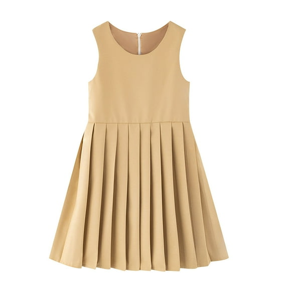 Preppy Dresses for Girls Back to School Uniform Pleated Jumper Dress Sleeveless Casual Girl's Fashion, Khaki, 5-6 Years