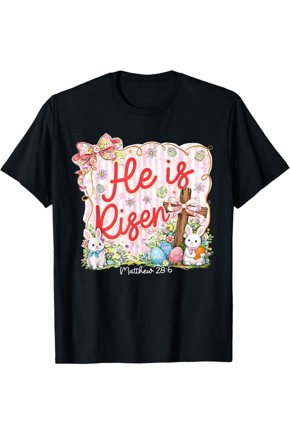 Preppy Easter He is Risen Bunny Eggs Women Girls T-Shirt- 2026 Easter Soft Casual Cotton Short Sleeve T-Shirt Easter Bunny & Eggs Lightweight Graphic Holiday Tee